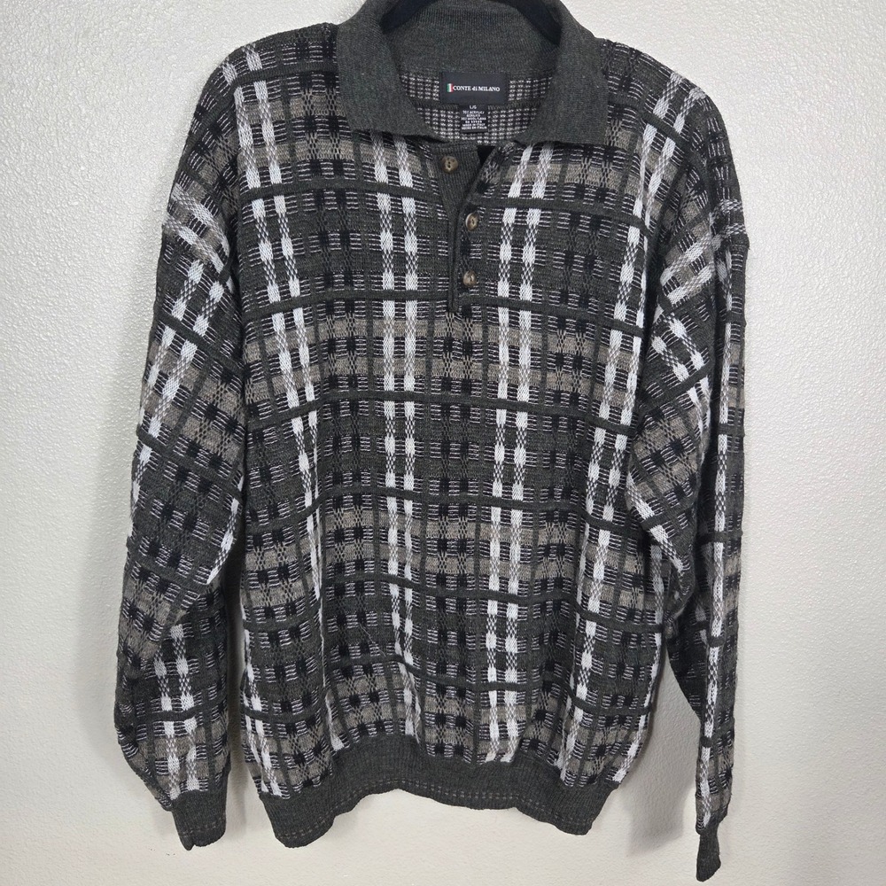 Conte di Milano Men's L/XL Wool Blend Plaid Knit Polo Sweater Made in Italy